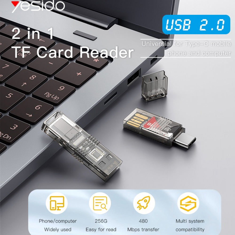 Yesido - Card Reader (GS21) - USB to Type-C, TF Card, 480Mbps - Transparent