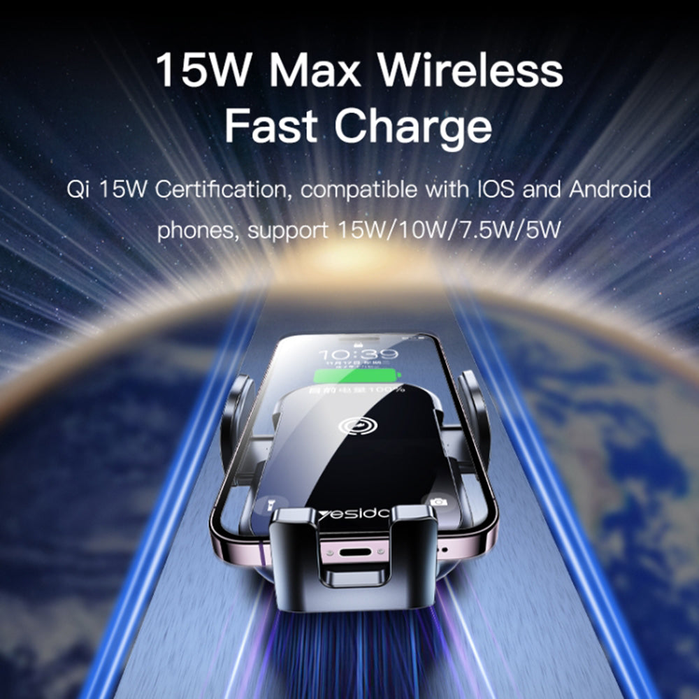 Yesido - Car Holder with Wireless Charging (C197) - for Windshield and Dashboard, 15W - Black