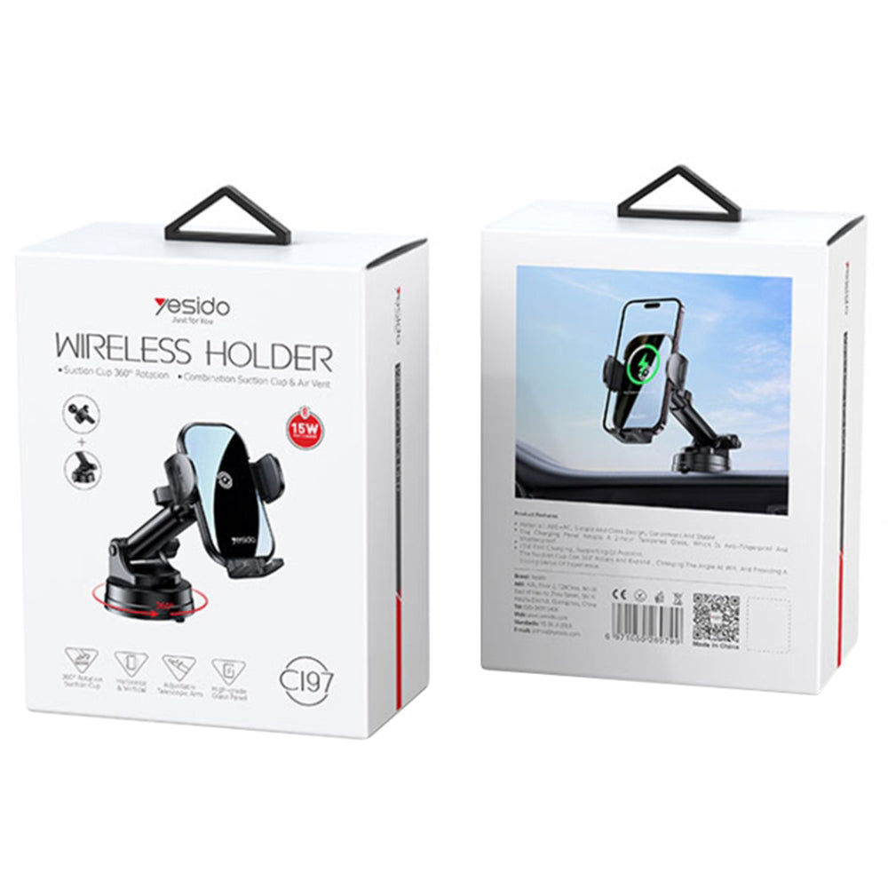 Yesido - Car Holder with Wireless Charging (C197) - for Windshield and Dashboard, 15W - Black