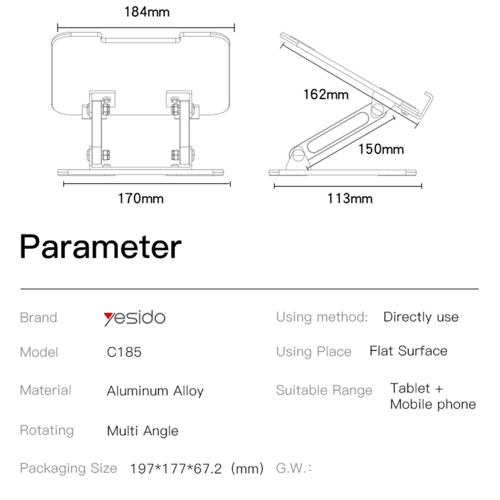 Yesido - Desk Holder (C185) - Foldable Design, Anti-Slip Silicone, for Phone, Tablet 4.5 - 13" - Silver