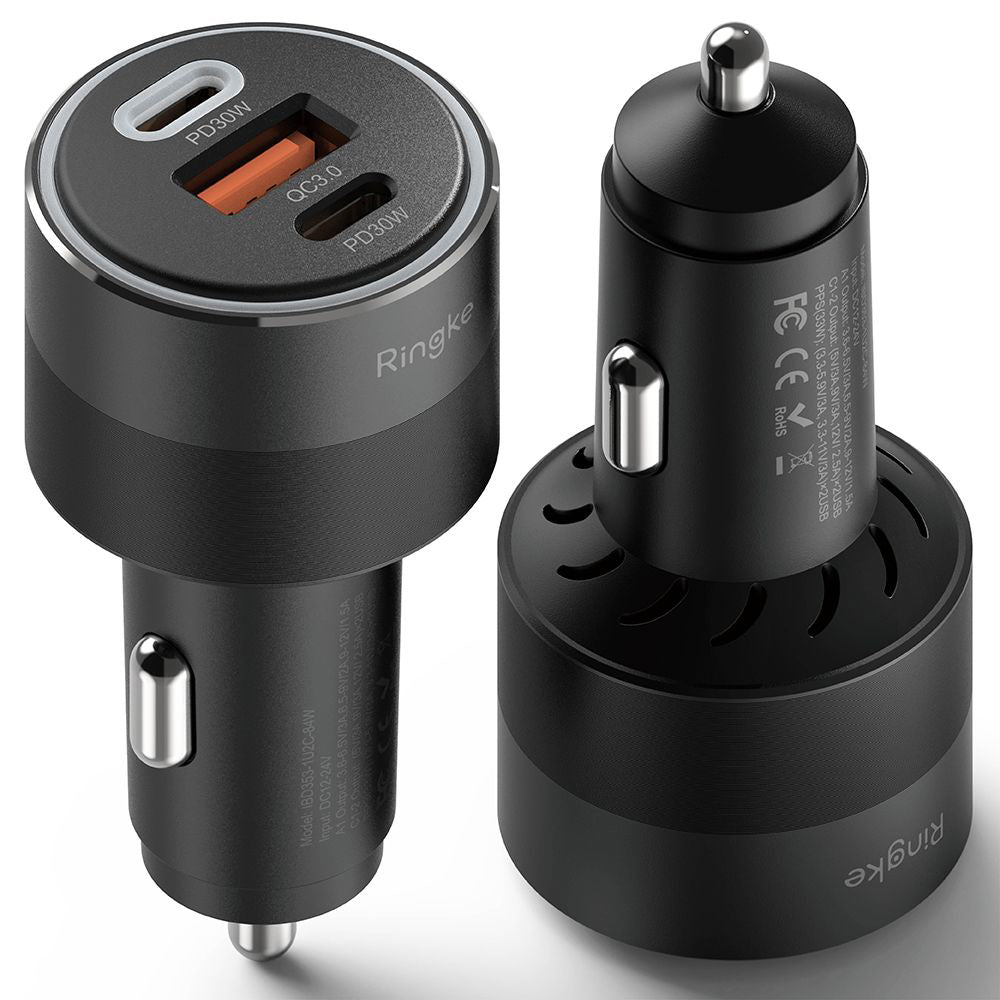 Ringke - Car Charger - USB, 2x Type-C, PD30W, QC3.0, with Ambiental Light - Black