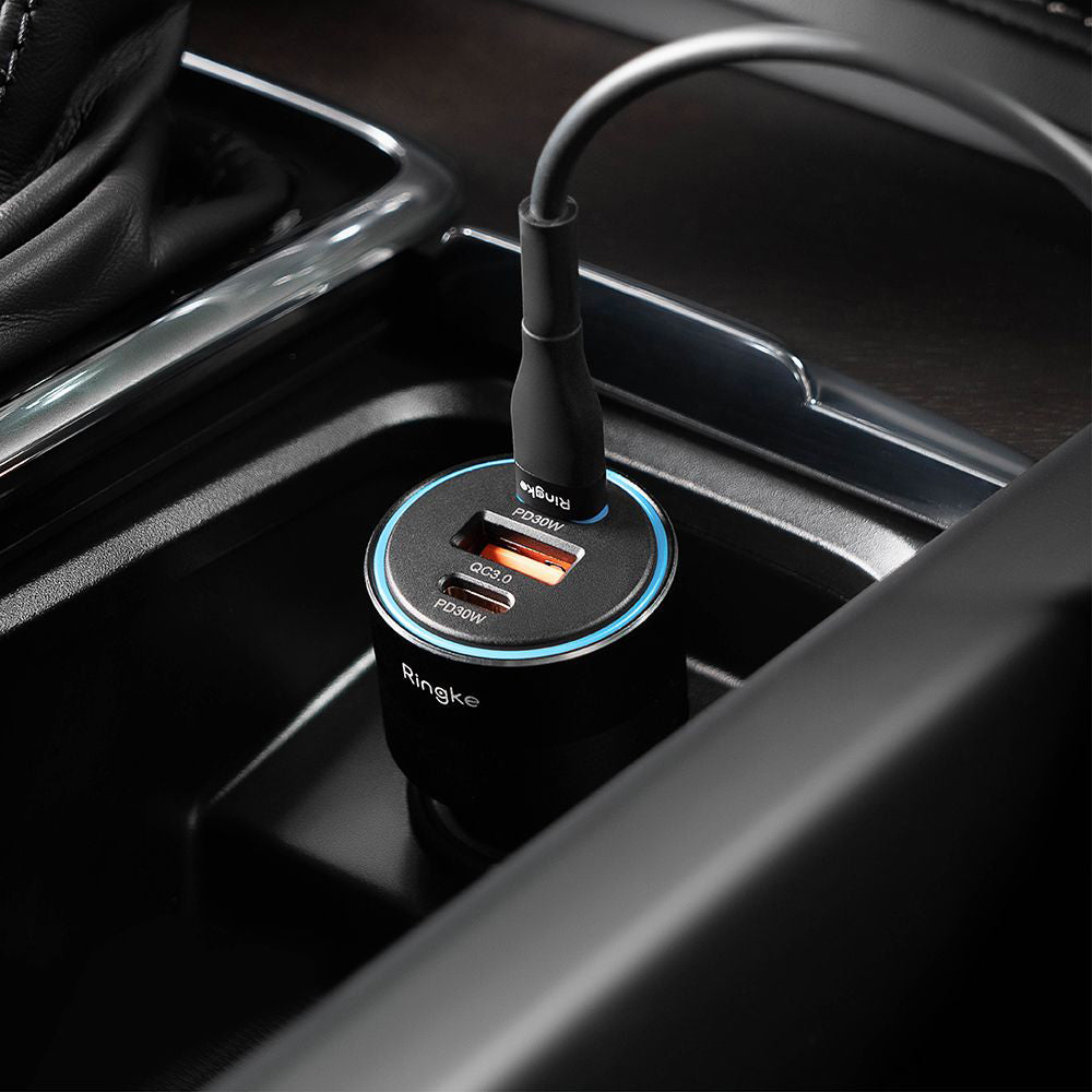 Ringke - Car Charger - USB, 2x Type-C, PD30W, QC3.0, with Ambiental Light - Black