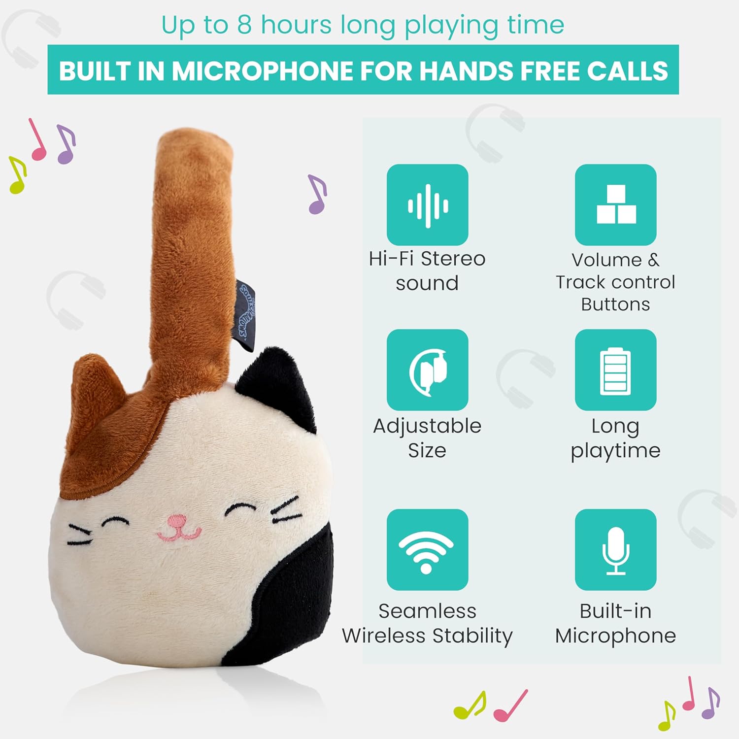 Lazerbuilt Squishmallows Cam the Cat – Λούτρινα Ασύρματα Παιδικά Ακουστικά με Μικρόφωνο