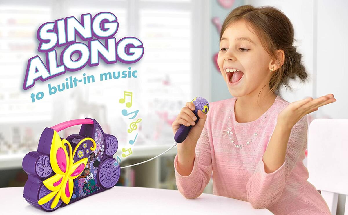 eKids Encanto Boombox Karaoke & Ενσύρματο Μικρόφωνο για παιδιά με ενσωματωμένη μουσική, φωτισμό, Sound Effects (EN-115) (Κίτρινο/Μωβ/Ροζ)