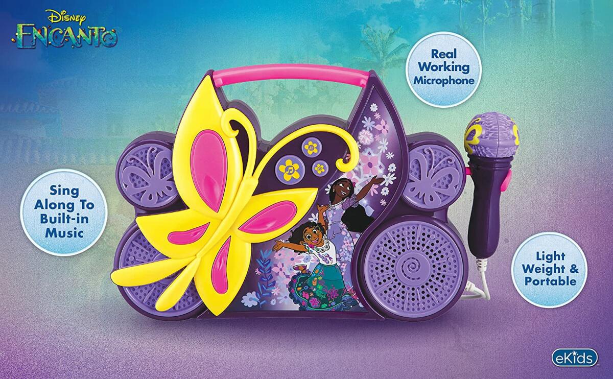 eKids Encanto Boombox Karaoke & Ενσύρματο Μικρόφωνο για παιδιά με ενσωματωμένη μουσική, φωτισμό, Sound Effects (EN-115) (Κίτρινο/Μωβ/Ροζ)