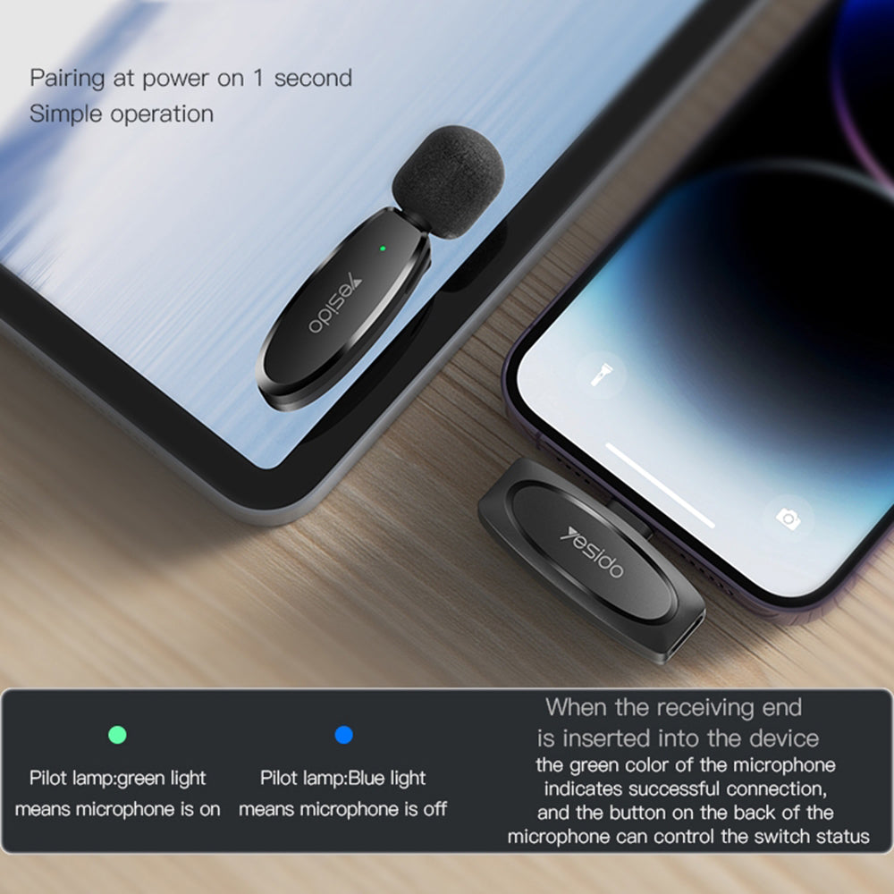 Yesido - (2 pack) Wireless Lavalier Microphones (KR15) - 3 in 1 Receiver, TC, Lighting, 3.5mm Jack, 2.4GHz - Black