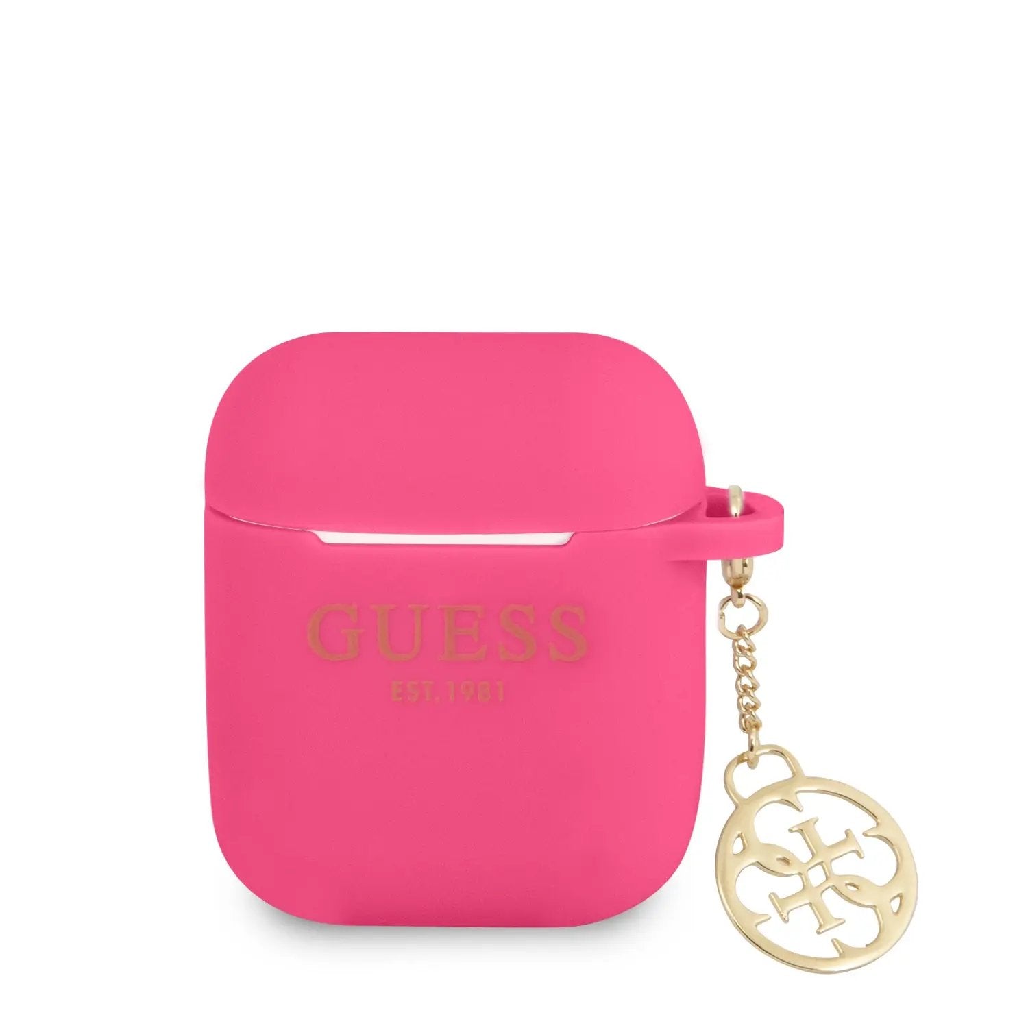 Guess Printed Gold Logo Θήκη προστασίας από σιλικόνη για Apple Airpods 1/2 με χρυσό κρεμαστό στολίδι (Φούξια) – PhoneBazaar