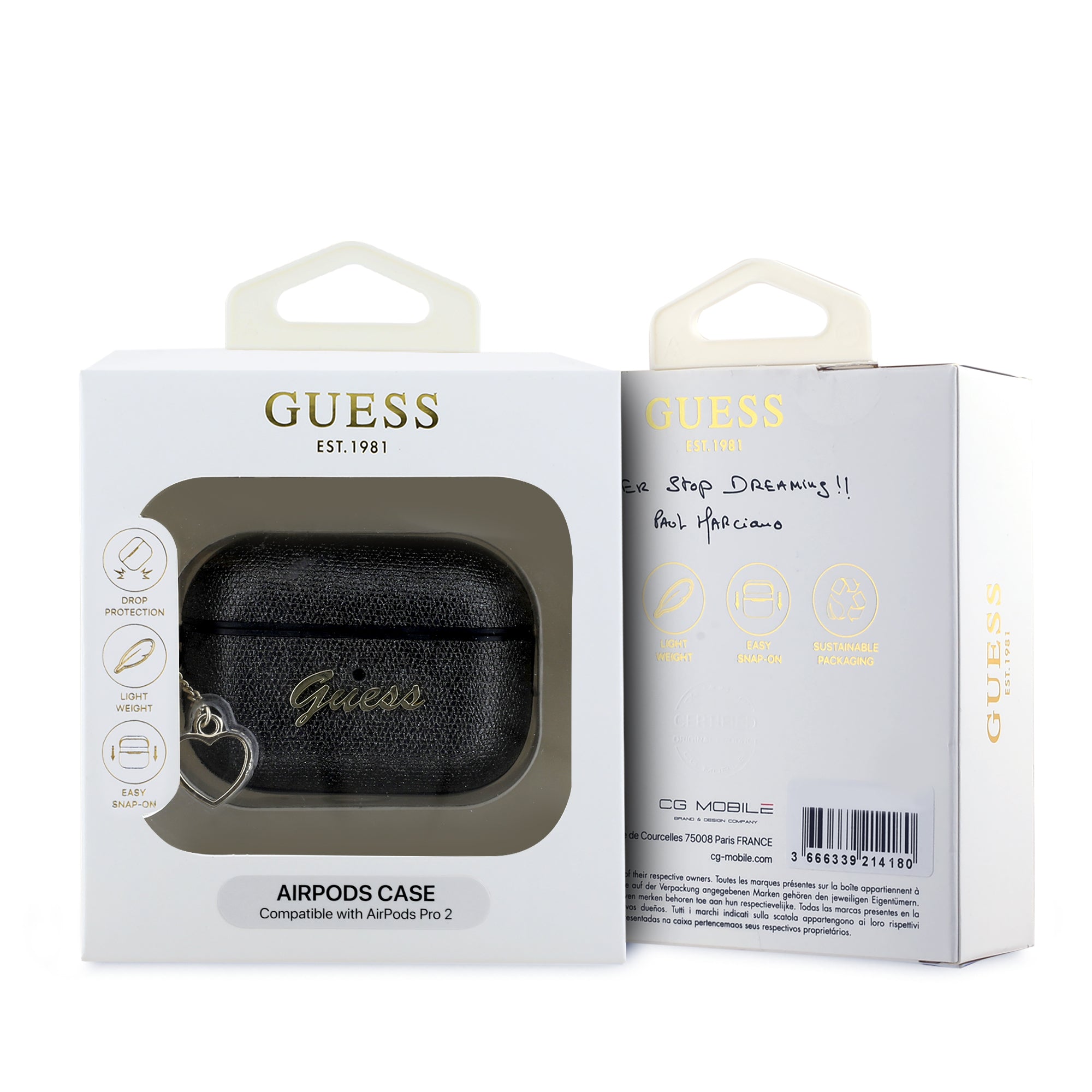Guess “4G Charm Collection” Θήκη προστασίας απο Σιλικόνη για Apple Airpods Pro 2 με χρυσό κρεμαστό στολίδι σε σχήμα καρδιάς (Μαύρο)
