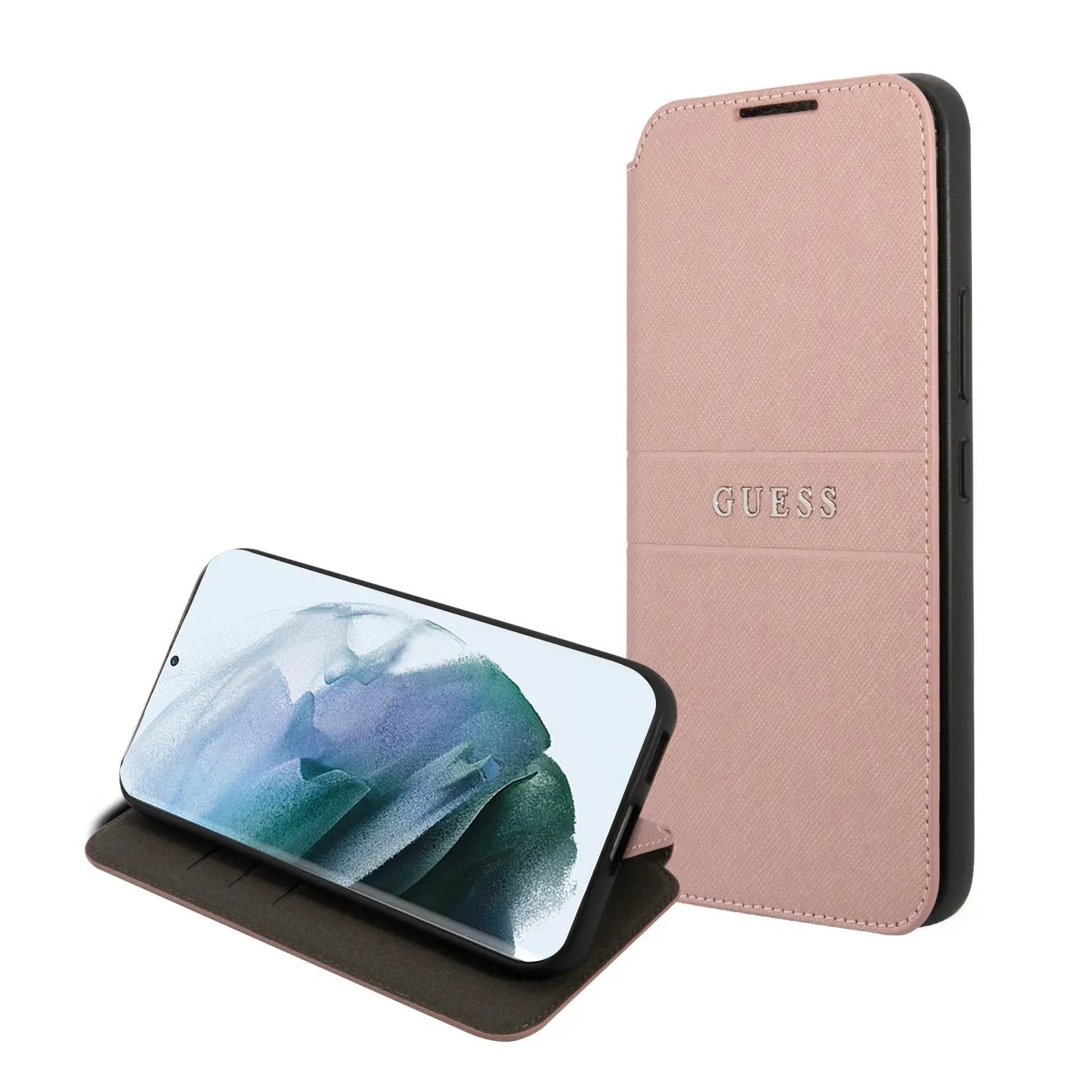 Guess “Saffiano Stripes Wallet Case Collection” Θήκη προστασίας από δερματίνη τύπου folio – Samsung Galaxy S22 Plus (Ροζ) – PhoneBazaar