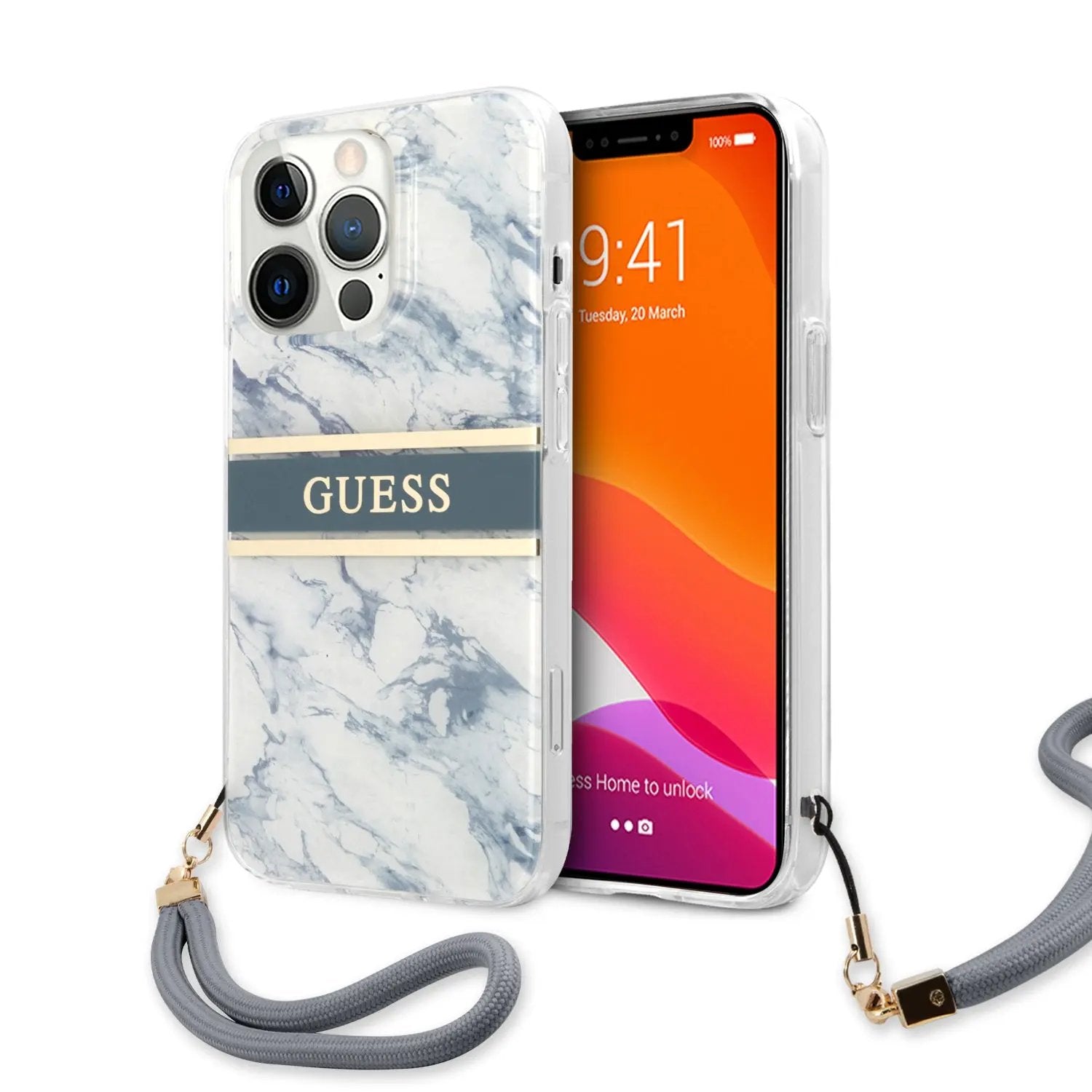 Guess "Marble Collection" Printed Stripe Θήκη προστασίας με όψη μαρμάρου και κορδονάκι χειρός – iPhone 13 Pro (Μπλε/Λευκό) – PhoneBazaar