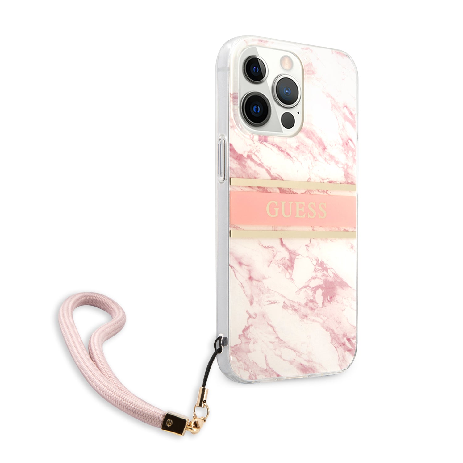 Guess "Marble Collection" Printed Stripe Θήκη προστασίας με όψη μαρμάρου και κορδονάκι χειρός – iPhone 13 Pro (Ροζ/Λευκό)
