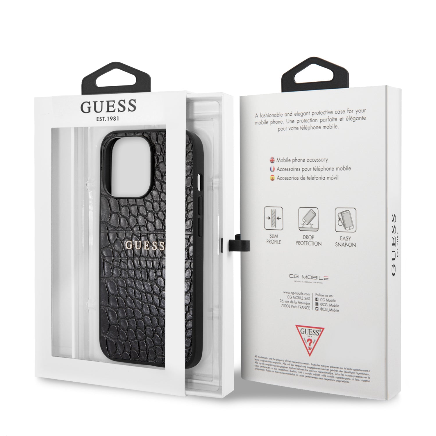 Guess "Croco Collection" Hot Stamp Lines Θήκη προστασίας από δερματίνη με μεταλλικό λογότυπο – iPhone 13 Pro (Μαύρο)