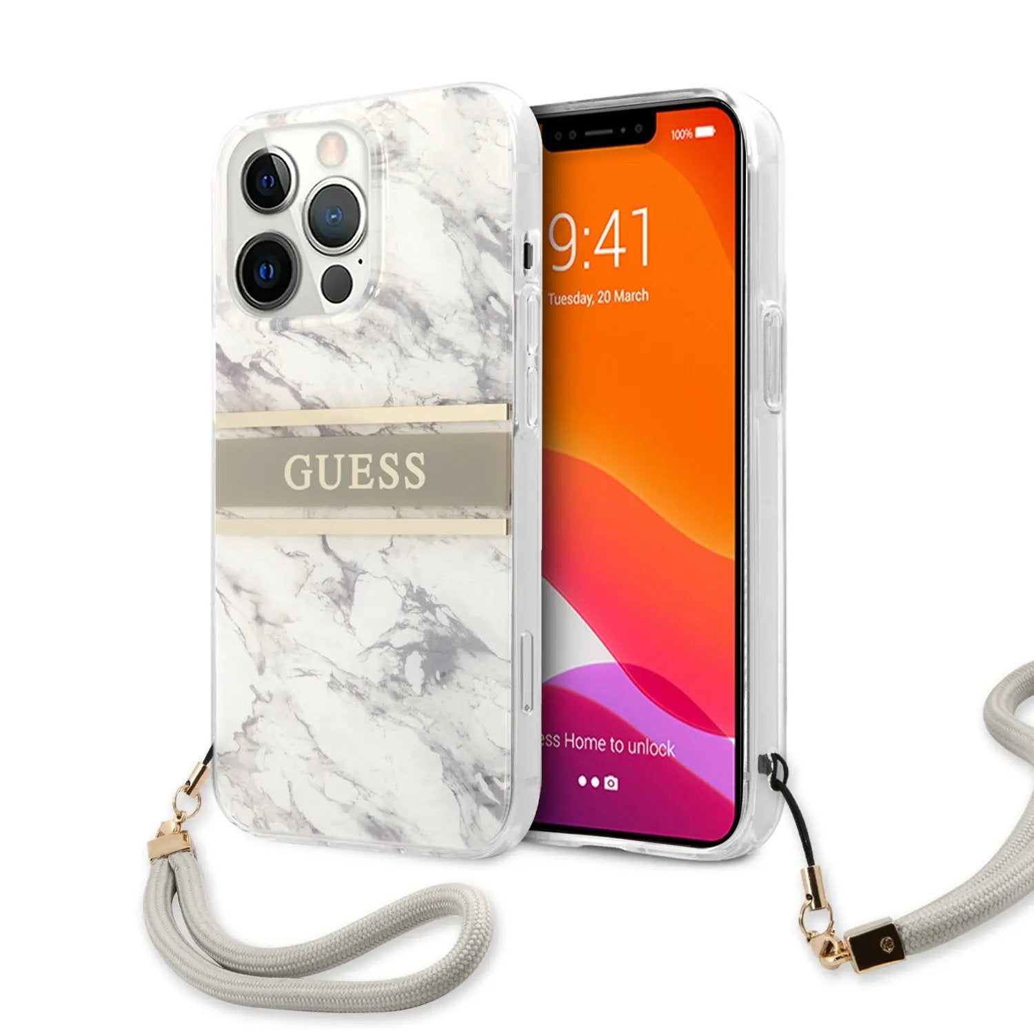 Guess "Marble Collection" Printed Stripe Θήκη προστασίας με όψη μαρμάρου και κορδονάκι χειρός – iPhone 13 Pro Max (Γκρι/Λευκό) – PhoneBazaar