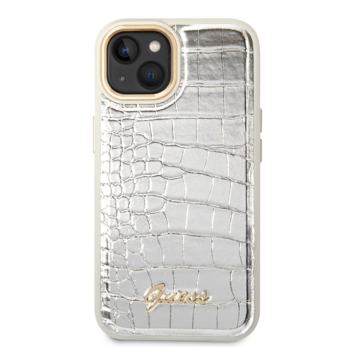 Guess "Croco Collection" Hot Stamp Lines Θήκη προστασίας από δερματίνη με μεταλλικό λογότυπο – iPhone 14 Plus (Λευκό)