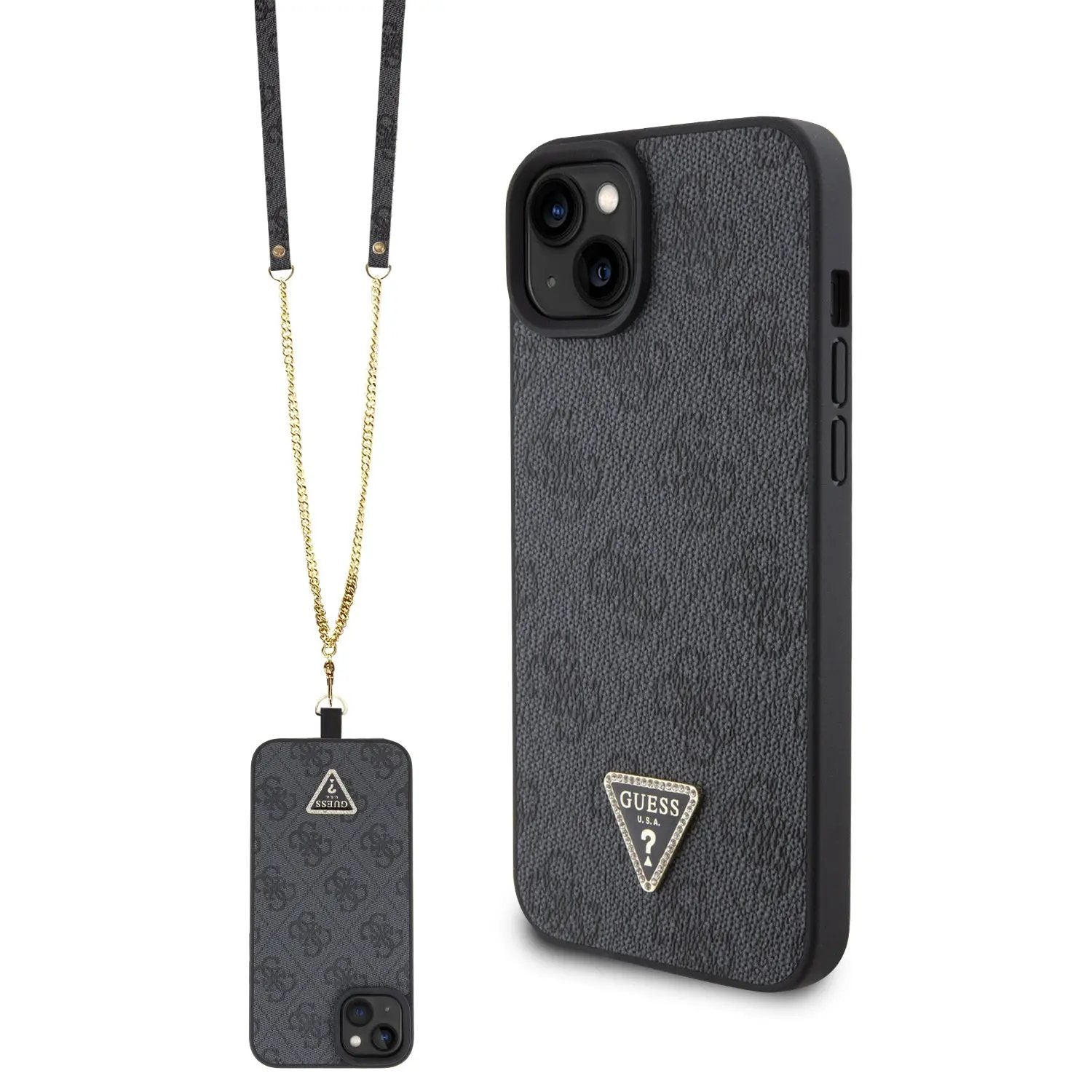 Guess “Triangle Metal Logo Strass Collection” Crossbody Case Θήκη προστασίας από δερματίνη με λουράκι – iPhone 15 Plus (Μαύρο – GUHCP15MP4TDSCPK) – PhoneBazaar