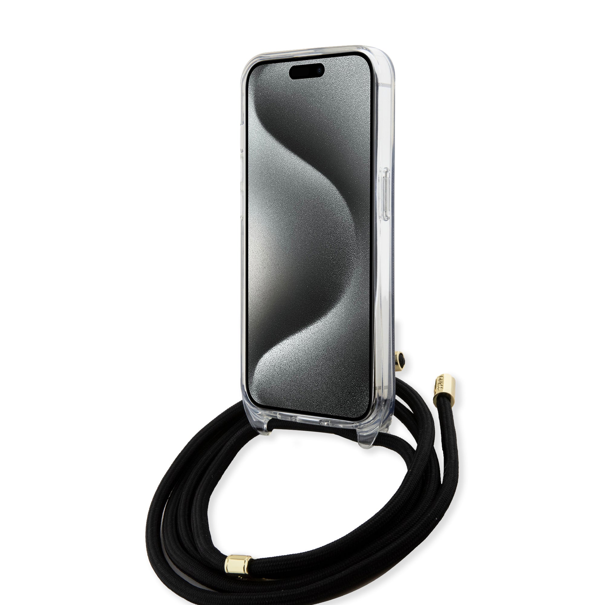 Guess "4G Logo Collection" Crossbody Hard Case Script Metal Logo Θήκη προστασίας από σιλικόνη με λουράκι – iPhone 15 (Μαύρο – GUHCP15SHC4SEK)