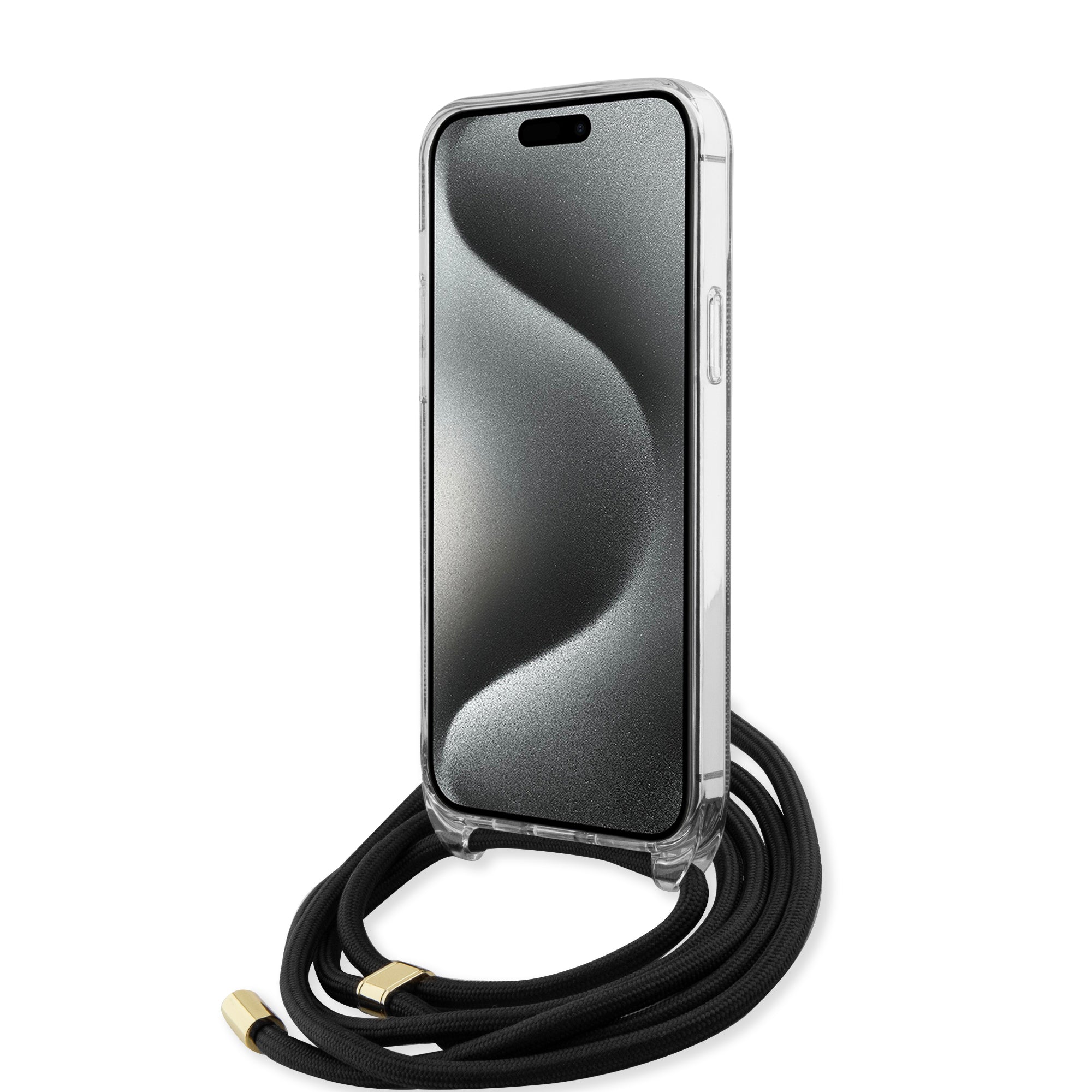 Guess "4G Logo Collection" Crossbody Hard Case Script Metal Logo Θήκη προστασίας από σιλικόνη με λουράκι – iPhone 15 Pro (Μαύρο – GUHCP15LHC4SEK)