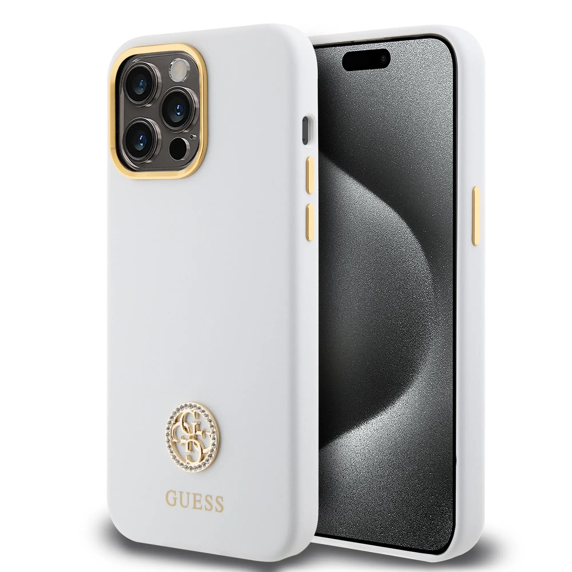 Guess "4G Strass Logo Collection" Case Θήκη προστασίας από σιλικόνη – iPhone 15 Pro Max (White – GUHCP15XM4DGPH) – PhoneBazaar