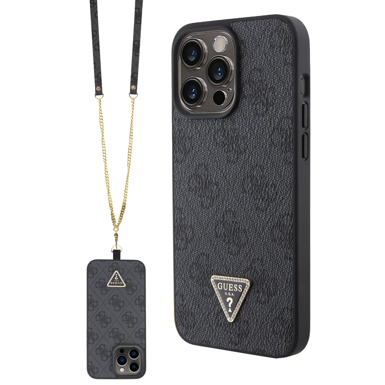 Guess “4G Metal Logo Strass Collection” Crossbody Case Θήκη προστασίας από δερματίνη με λουράκι – iPhone 15 Pro (Μαύρο – GUHCP15LP4TDSCPK) – PhoneBazaar