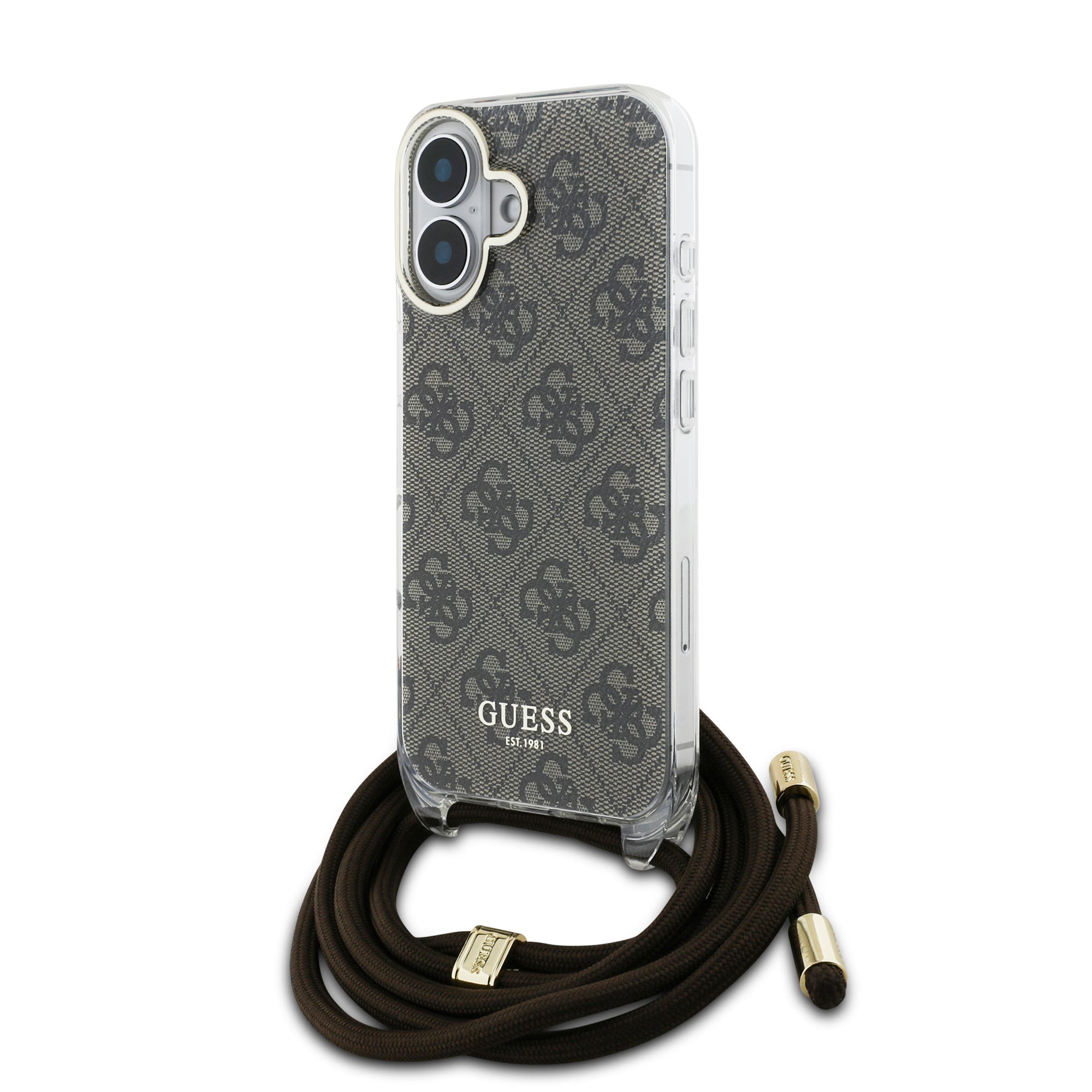Guess “4G Logo Collection” Crossbody Hard Case Script Metal Logo Θήκη προστασίας από σιλικόνη με λουράκι – iPhone 16 (Καφέ – GUHCP16SHC4SEW) – PhoneBazaar
