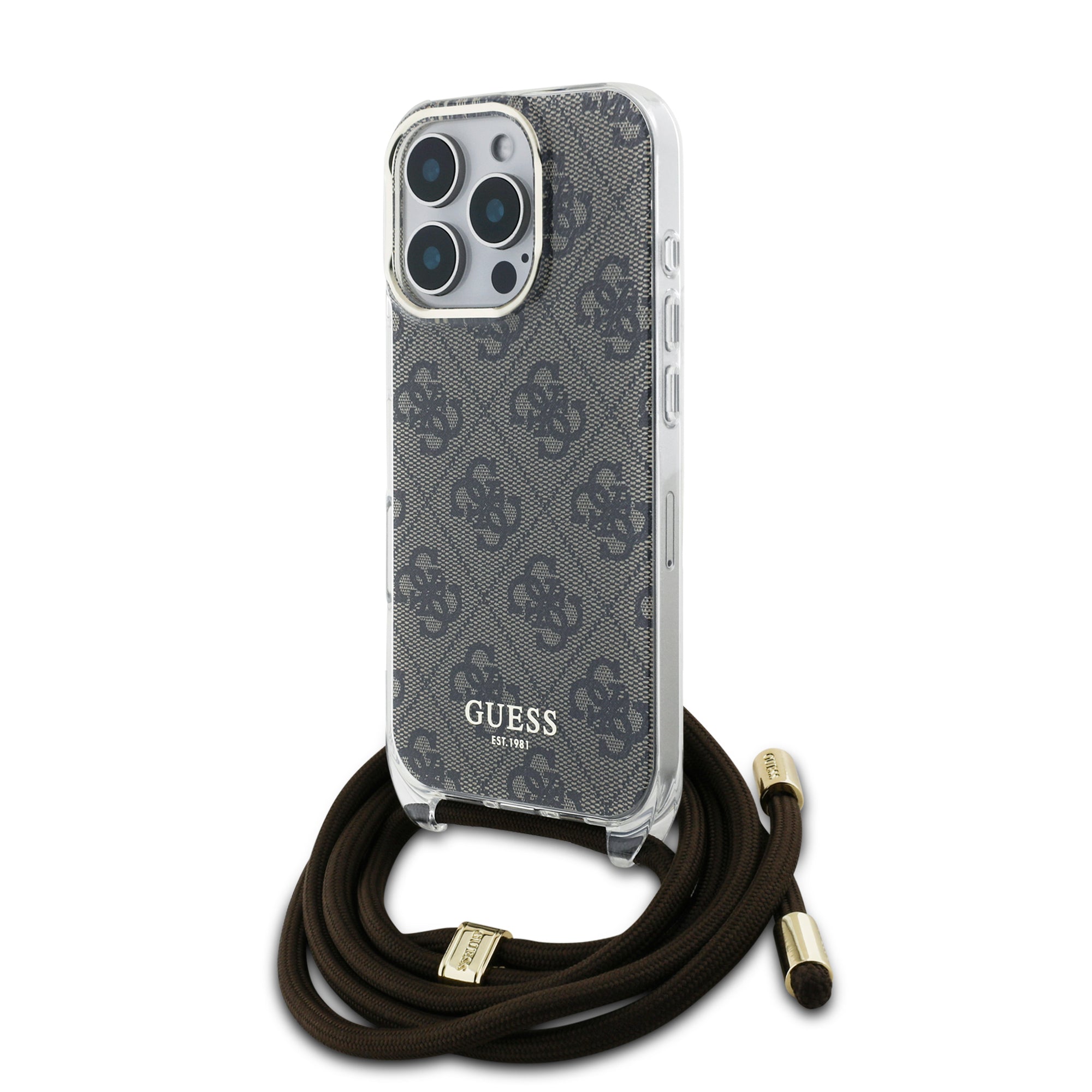 Guess “4G Logo Collection” Crossbody Hard Case Script Metal Logo Θήκη προστασίας από σιλικόνη με λουράκι – iPhone 16 Pro Max (Καφέ – GUHCP16XHC4SEW) – PhoneBazaar