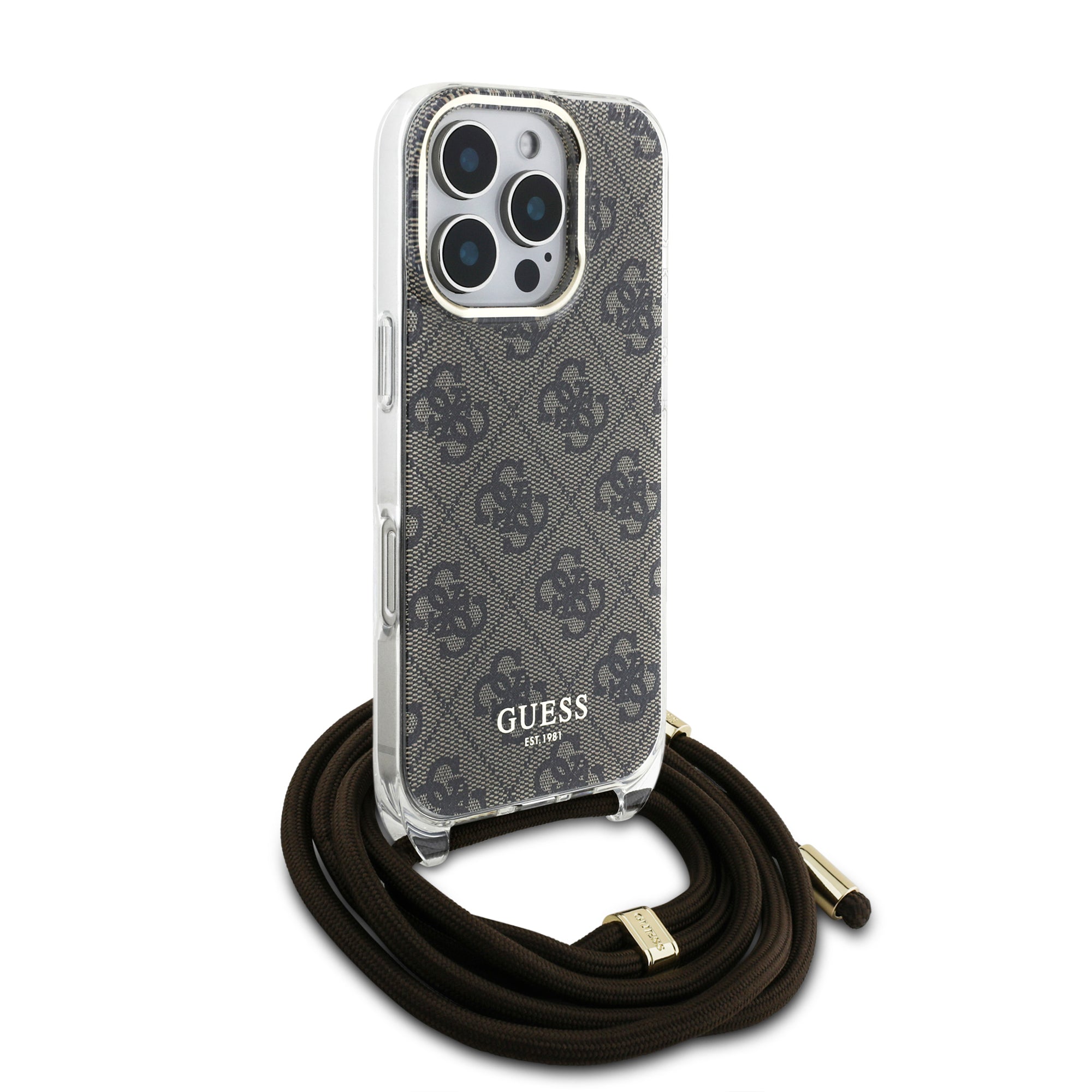 Guess “4G Logo Collection” Crossbody Hard Case Script Metal Logo Θήκη προστασίας από σιλικόνη με λουράκι – iPhone 16 Pro Max (Καφέ – GUHCP16XHC4SEW)