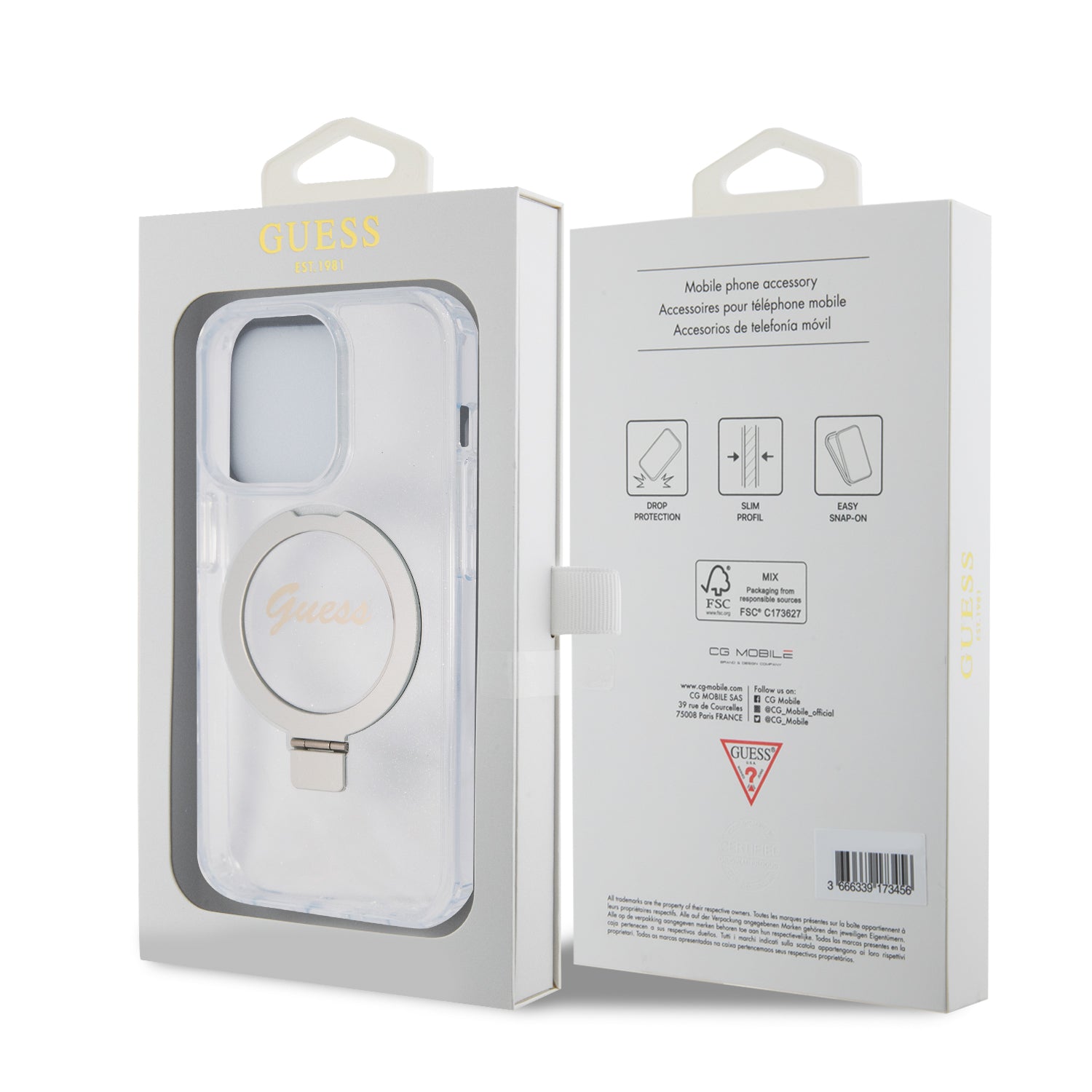 Guess MagSafe Ring Stand Glitter Hard Case Θήκη προστασίας από σιλικόνη – iPhone 15 Pro Max (Διάφανη – GUHMP15XHRSGSD)