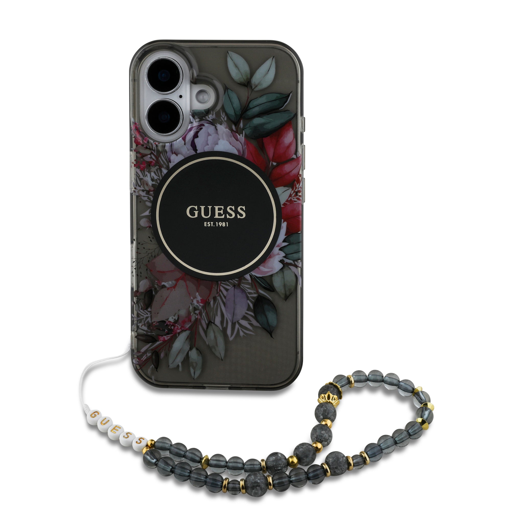 Guess Magsafe “Flowers with Pearl Strap” Hard Case Θήκη προστασίας από σκληρό πλαστικό – iPhone 16 (Μαύρο – GUHMP16SHFWBRCESK)
