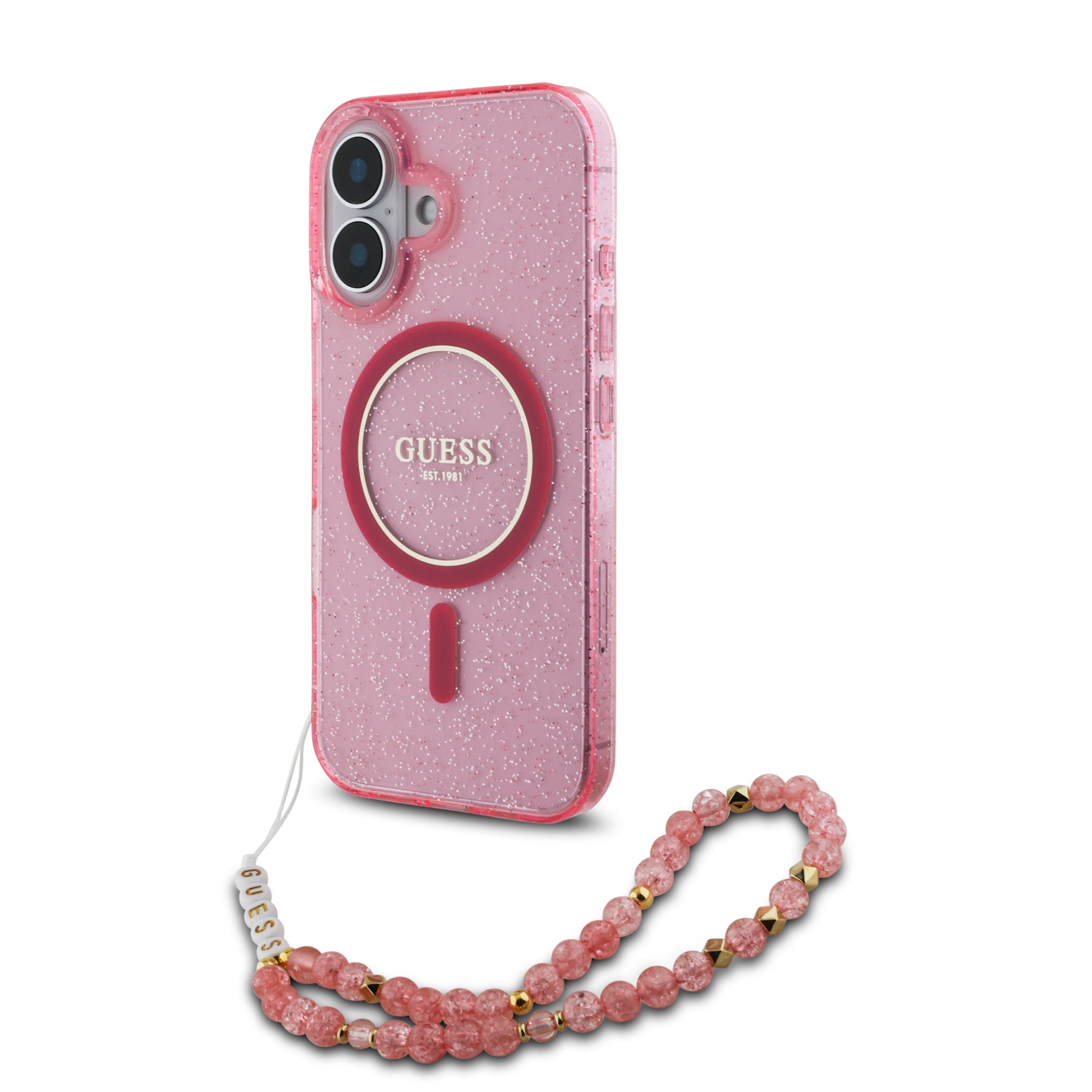 Guess Magsafe “Glitter with Pearl Strap” Hard Case Θήκη προστασίας από σκληρό πλαστικό – iPhone 16 (Ροζ – GUHMP16SHGCRELSF) – PhoneBazaar