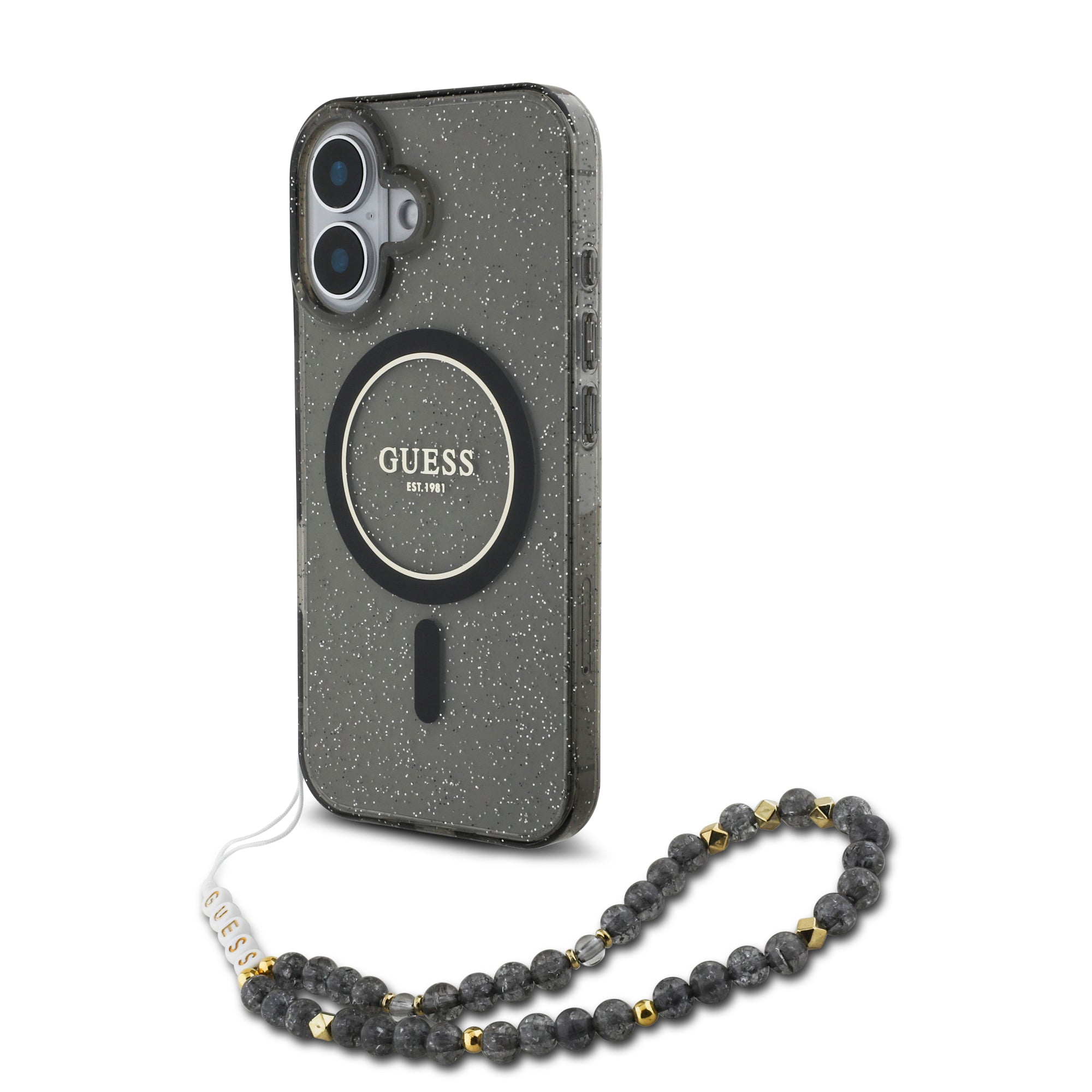 Guess Magsafe “Glitter with Pearl Strap” Hard Case Θήκη προστασίας από σκληρό πλαστικό – iPhone 16 (Μαύρο – GUHMP16SHGCRELSK) – PhoneBazaar