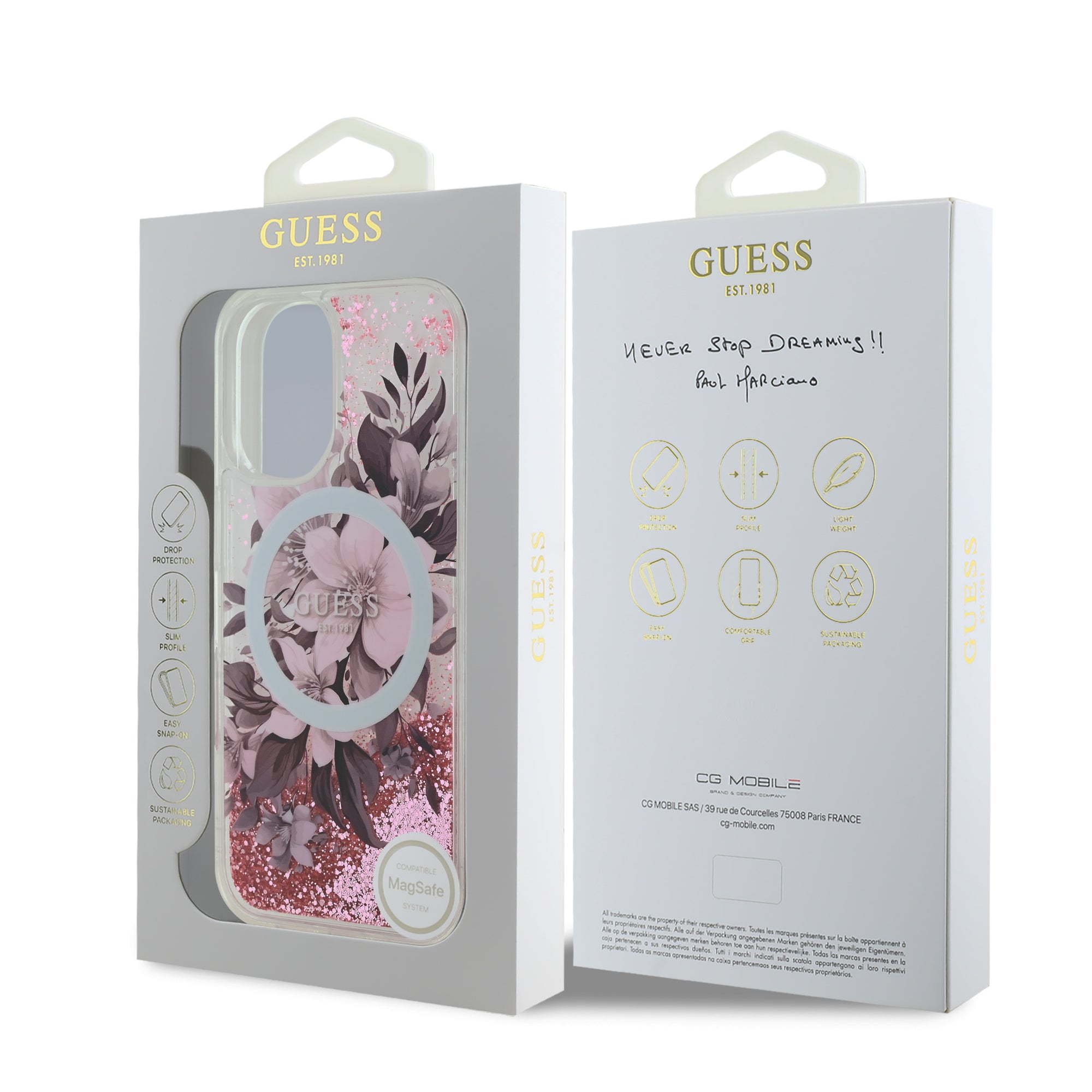 Guess Magsafe “Liquid Glitter Flower" Hard Case Θήκη προστασίας από σκληρό πλαστικό – iPhone 16 (Ροζ – GUHMP16SLFMWTP)