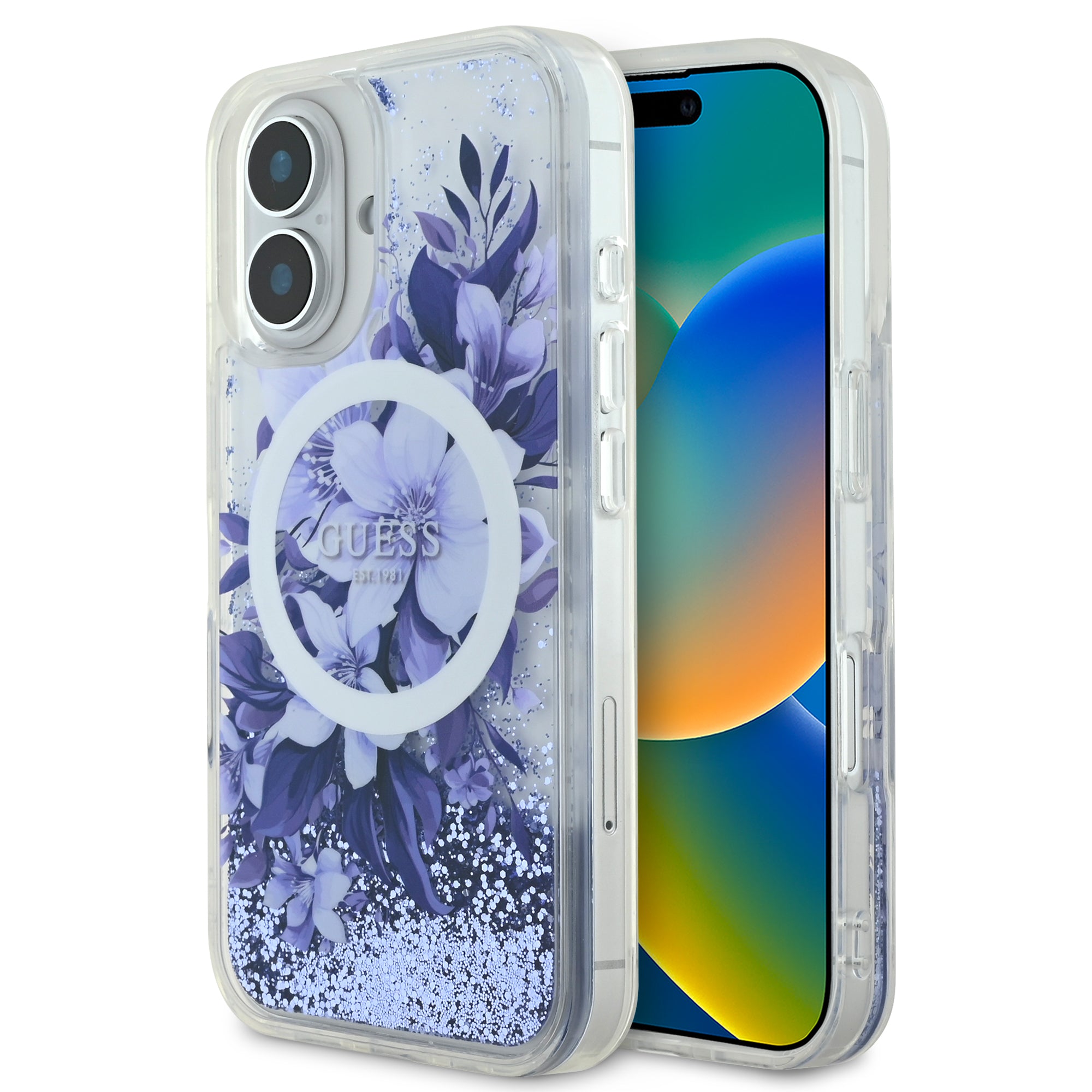 Guess Magsafe “Liquid Glitter Flower" Hard Case Θήκη προστασίας από σκληρό πλαστικό – iPhone 16 (Μωβ – GUHMP16SLFMWTU) – PhoneBazaar