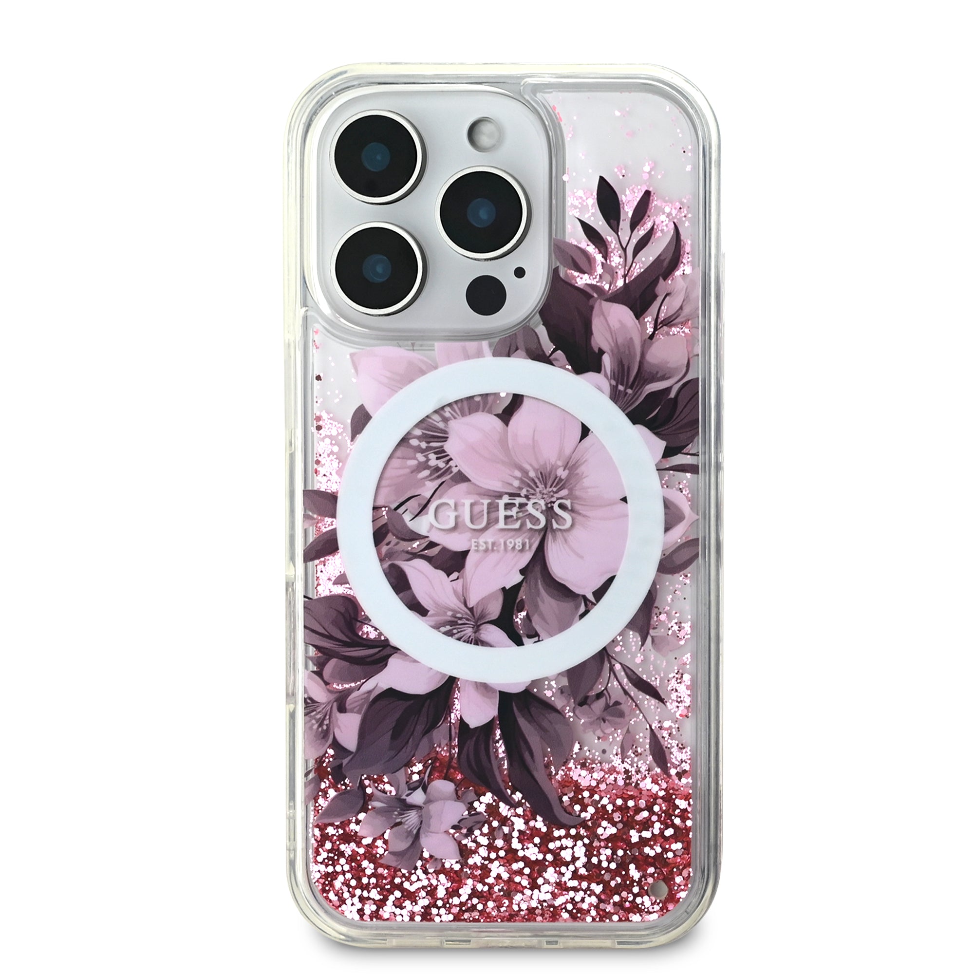 Guess Magsafe “Liquid Glitter Flower" Hard Case Θήκη προστασίας από σκληρό πλαστικό – iPhone 16 Pro Max (Ροζ – GUHMP16XLFMWTP)