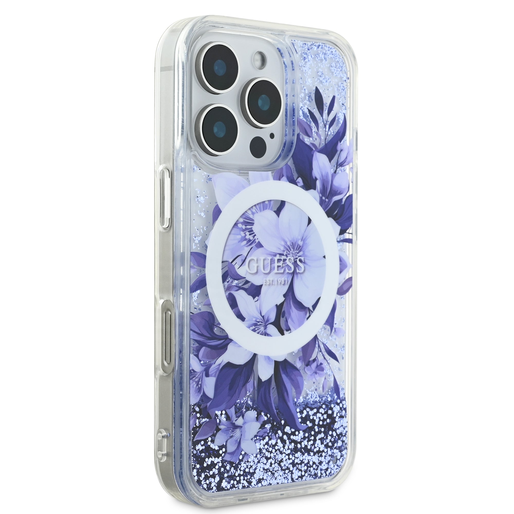 Guess Magsafe “Liquid Glitter Flower" Hard Case Θήκη προστασίας από σκληρό πλαστικό – iPhone 16 Max (Μωβ – GUHMP16XLFMWTU)