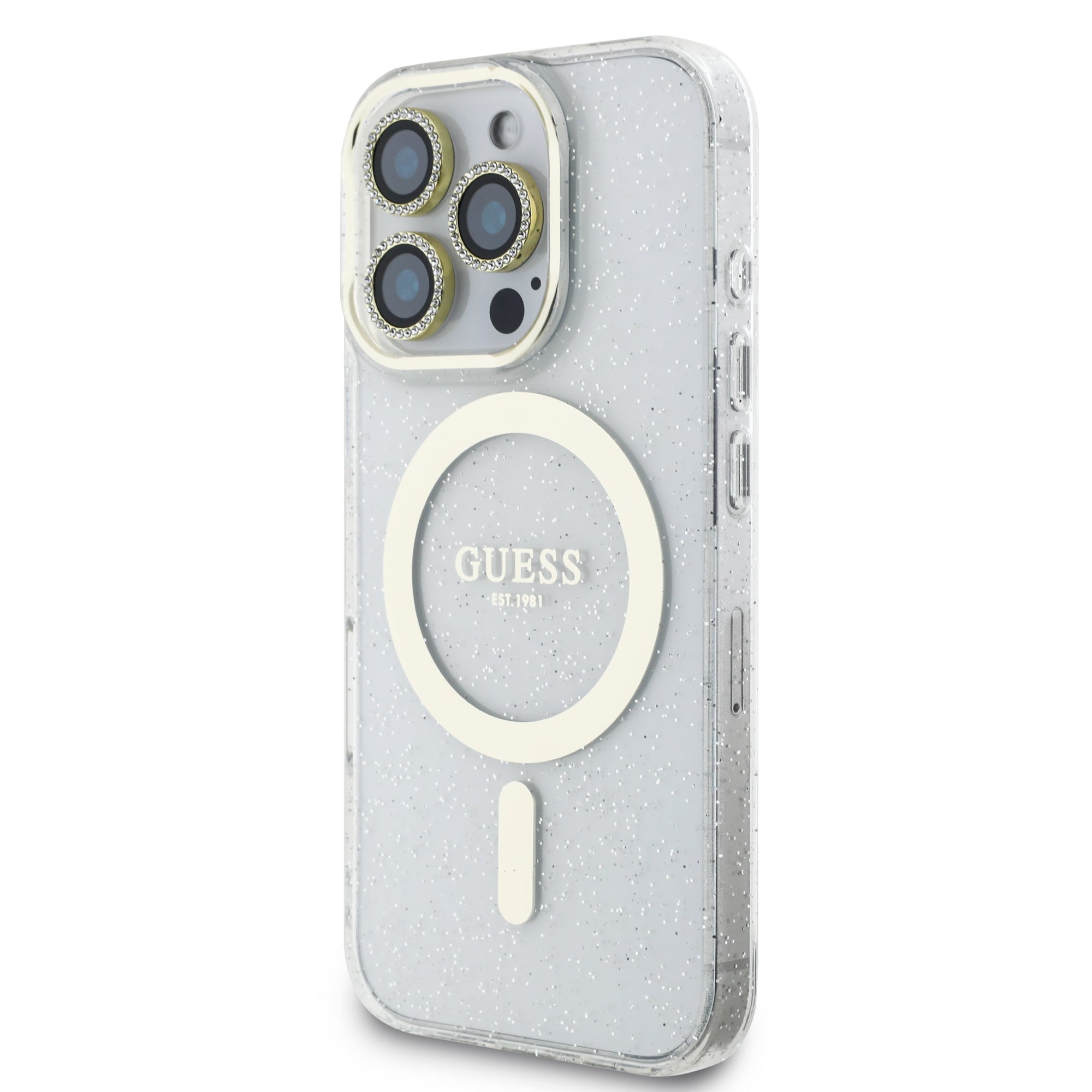 Guess IML Magsafe Case “Rhinestone Gold Lens + Screen” Θήκη προστασίας από σκληρό πλαστικό – iPhone 16 Pro (Clear/Glitter – GUOBPLTP16LHCMCGT) – PhoneBazaar