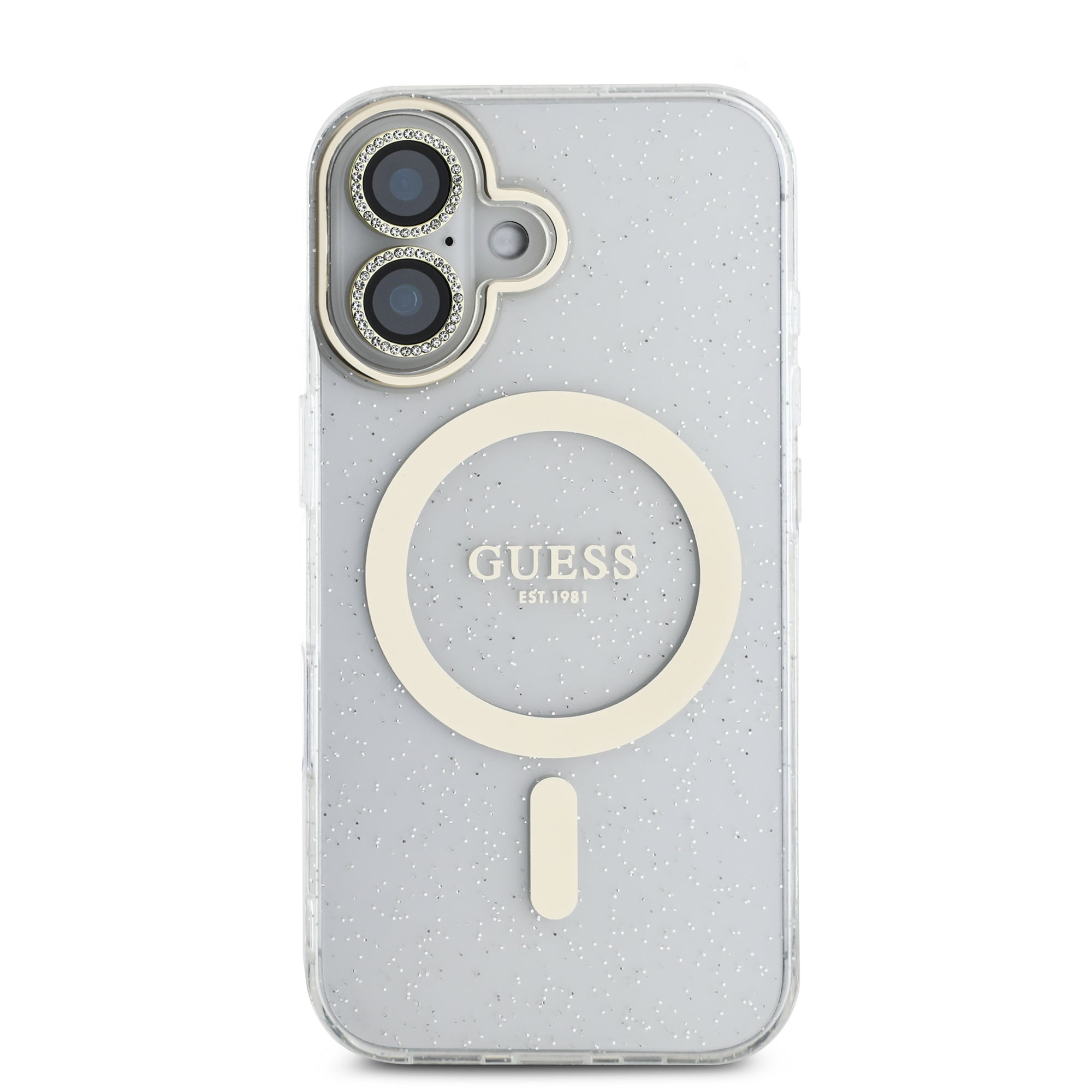 Guess IML Magsafe Case “Rhinestone Gold Lens + Screen” Θήκη προστασίας από σκληρό πλαστικό – iPhone 16 (Clear/Glitter – GUOBPLTP16SHCMCGT)