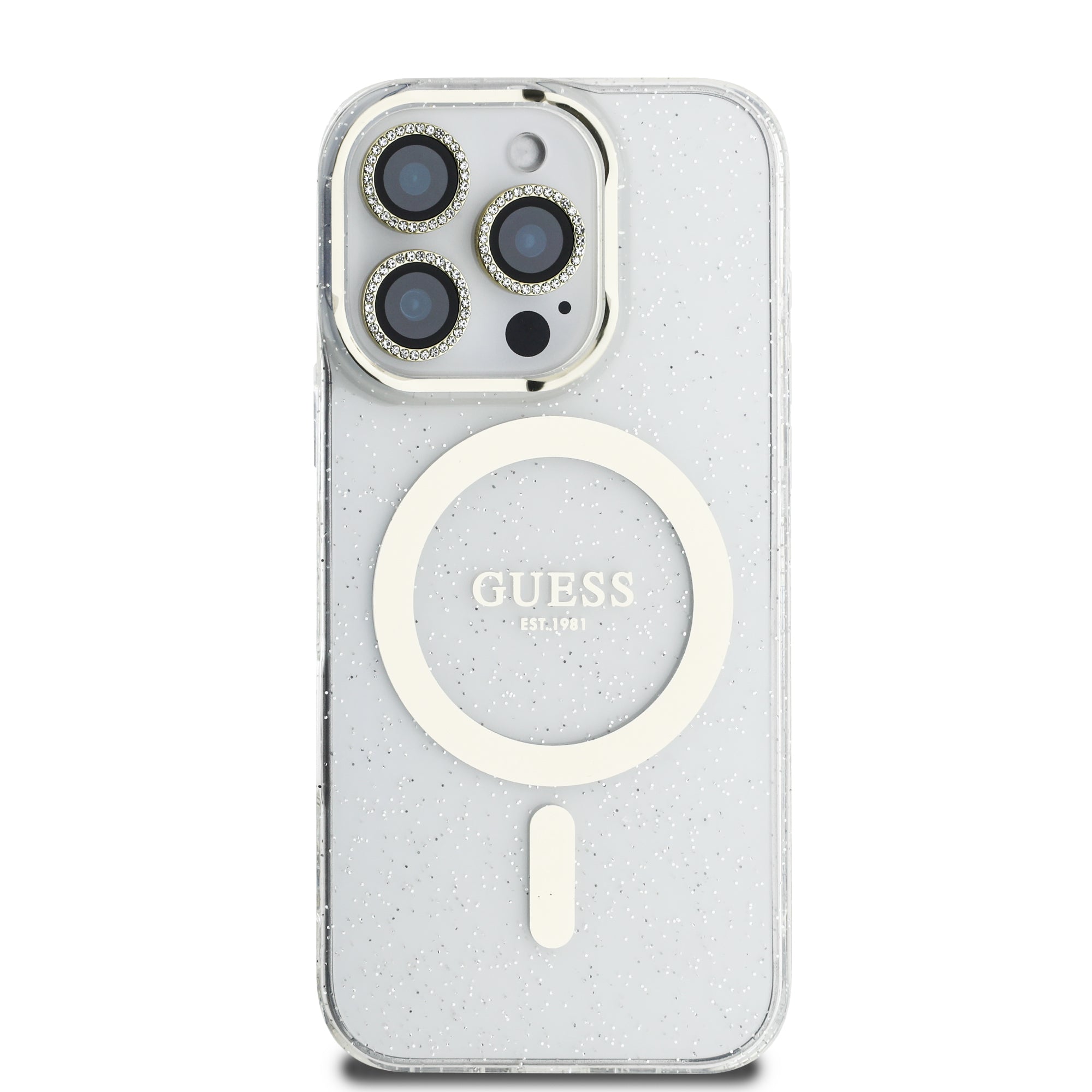 Guess IML Magsafe Case “Rhinestone Gold Lens + Screen” Θήκη προστασίας από σκληρό πλαστικό – iPhone 16 Pro Max (Clear/Glitter – GUOBPLTP16XHCMCGT)
