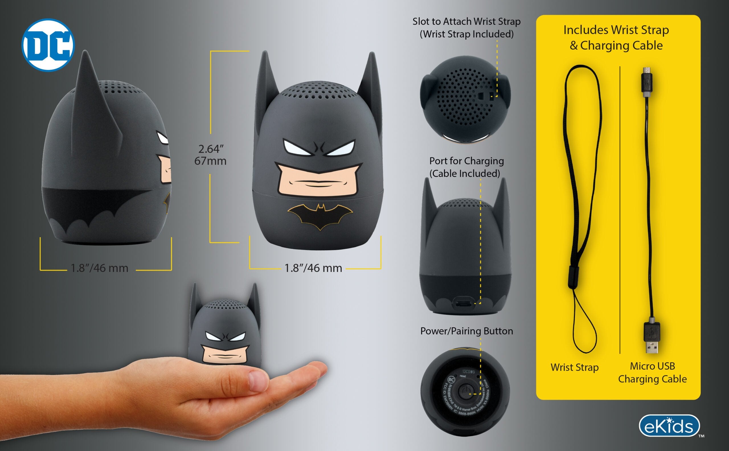 eKids Batman Φορητό ηχείο Bluetooth για παιδιά με λουράκι καρπού (Γκρι/Μαύρο)