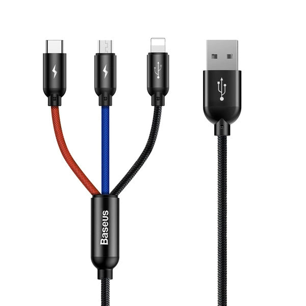 Καλώδιο Baseus Three Primary Colors 3in1 Usb-a Σε Micro Usb / Lightning / Usb-c 3.5a 0.3m – Μαύρο – PhoneBazaar
